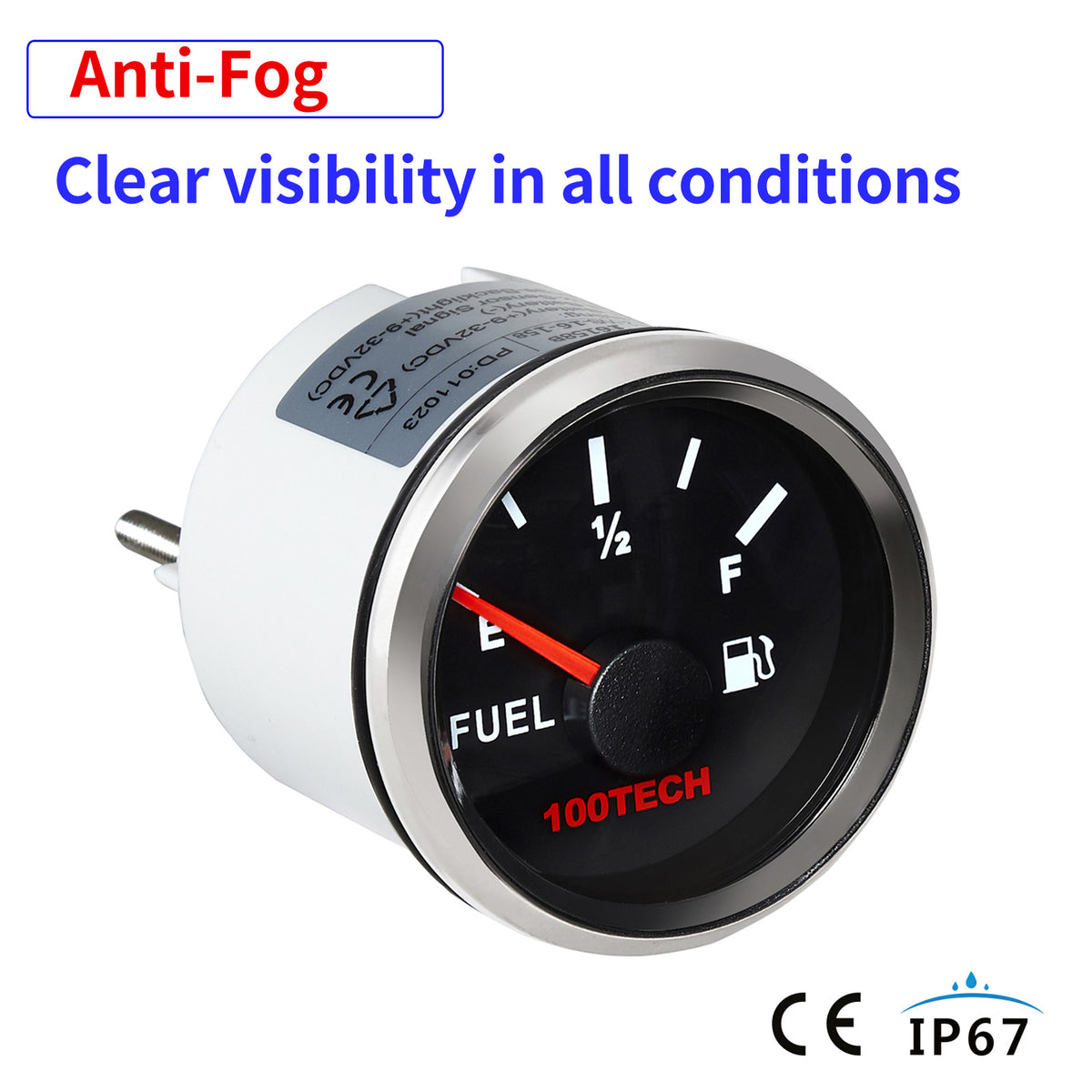 100TECH 52mm Vehicle Fuel Level Gauge 0-90 Ohm 2-1/16 Inch Aftermarket Gauge | IP67 Waterproof and Dustproof, Stepper Motor Technology, Anti-Fog & UV-Resistant, Red Backlight, SUS316 Bezel for RVs, Trucks, Boats