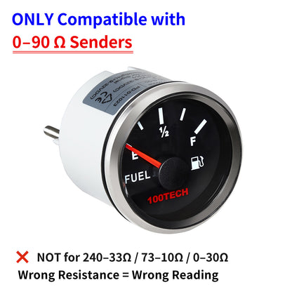 100TECH 52mm Vehicle Fuel Level Gauge 0-90 Ohm 2-1/16 Inch Aftermarket Gauge | IP67 Waterproof and Dustproof, Stepper Motor Technology, Anti-Fog & UV-Resistant, Red Backlight, SUS316 Bezel for RVs, Trucks, Boats