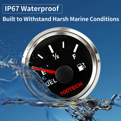 100TECH 52mm Vehicle Fuel Level Gauge 0-90 Ohm 2-1/16 Inch Aftermarket Gauge | IP67 Waterproof and Dustproof, Stepper Motor Technology, Anti-Fog & UV-Resistant, Red Backlight, SUS316 Bezel for RVs, Trucks, Boats