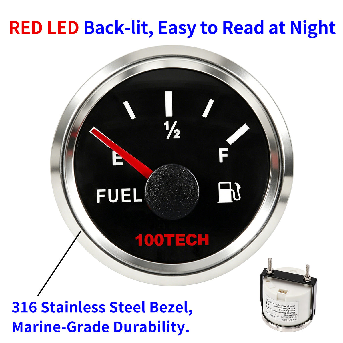 100TECH 52mm Vehicle Fuel Level Gauge 0-90 Ohm 2-1/16 Inch Aftermarket Gauge | IP67 Waterproof and Dustproof, Stepper Motor Technology, Anti-Fog & UV-Resistant, Red Backlight, SUS316 Bezel for RVs, Trucks, Boats