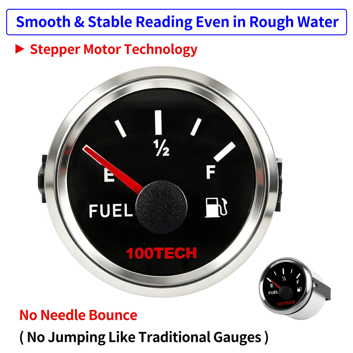 100TECH 52mm Vehicle Fuel Level Gauge 0-90 Ohm 2-1/16 Inch Aftermarket Gauge | IP67 Waterproof and Dustproof, Stepper Motor Technology, Anti-Fog & UV-Resistant, Red Backlight, SUS316 Bezel for RVs, Trucks, Boats