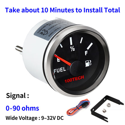 100TECH 52mm Vehicle Fuel Level Gauge 0-90 Ohm 2-1/16 Inch Aftermarket Gauge | IP67 Waterproof and Dustproof, Stepper Motor Technology, Anti-Fog & UV-Resistant, Red Backlight, SUS316 Bezel for RVs, Trucks, Boats
