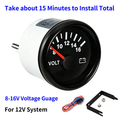 100TECH 2-1/16" (52mm) Vehicle Voltmeter Gauge 8–16V, Replacement Voltage Gauge | Automotive Aftermarket Voltage Gauge, IP67 Waterproof & Anti‑Fog Lens, SUS316 Bezel, Stepper Motor & Red LED Backlight for Boats, RVs