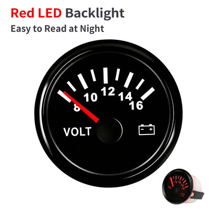100TECH 2-1/16" (52mm) Vehicle Voltmeter Gauge 8–16V, Replacement Voltage Gauge | Automotive Aftermarket Voltage Gauge, IP67 Waterproof & Anti‑Fog Lens, SUS316 Bezel, Stepper Motor & Red LED Backlight for Boats, RVs