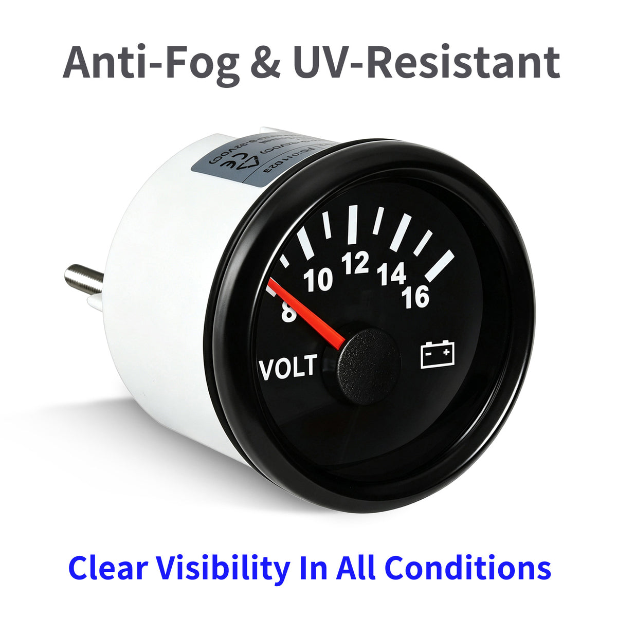 100TECH 2-1/16" (52mm) Vehicle Voltmeter Gauge 8–16V, Replacement Voltage Gauge | Automotive Aftermarket Voltage Gauge, IP67 Waterproof & Anti‑Fog Lens, SUS316 Bezel, Stepper Motor & Red LED Backlight for Boats, RVs