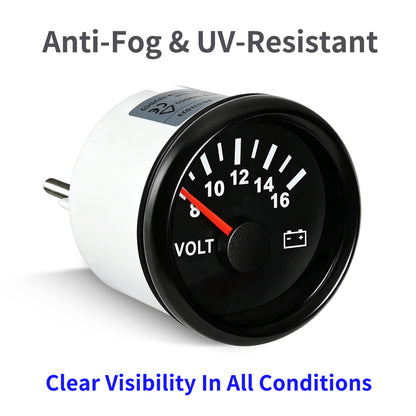 100TECH 2-1/16" (52mm) Vehicle Voltmeter Gauge 8–16V, Replacement Voltage Gauge | Automotive Aftermarket Voltage Gauge, IP67 Waterproof & Anti‑Fog Lens, SUS316 Bezel, Stepper Motor & Red LED Backlight for Boats, RVs