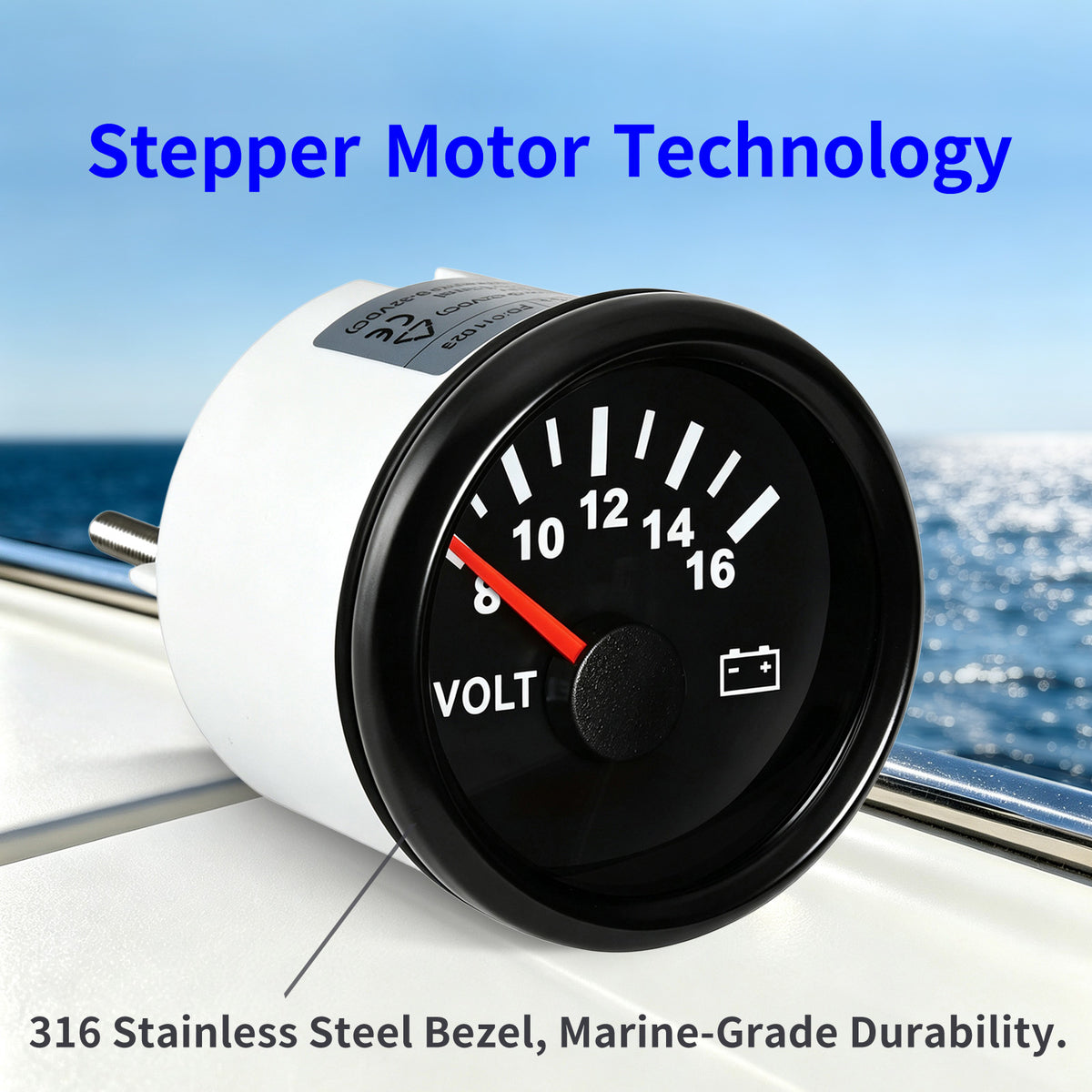 100TECH 2-1/16" (52mm) Vehicle Voltmeter Gauge 8–16V, Replacement Voltage Gauge | Automotive Aftermarket Voltage Gauge, IP67 Waterproof & Anti‑Fog Lens, SUS316 Bezel, Stepper Motor & Red LED Backlight for Boats, RVs
