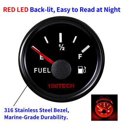 100TECH Fuel Level Gauge 16-158 Ohm Compatible Automotive Gauge 52mm 2-1/16" | IP67 Waterproof, Anti-Fog & UV-Resistant, Fuel Gauge with SUS316 Bezel & Red Backlight for RVs, Trucks, Marine & Diesel Generators