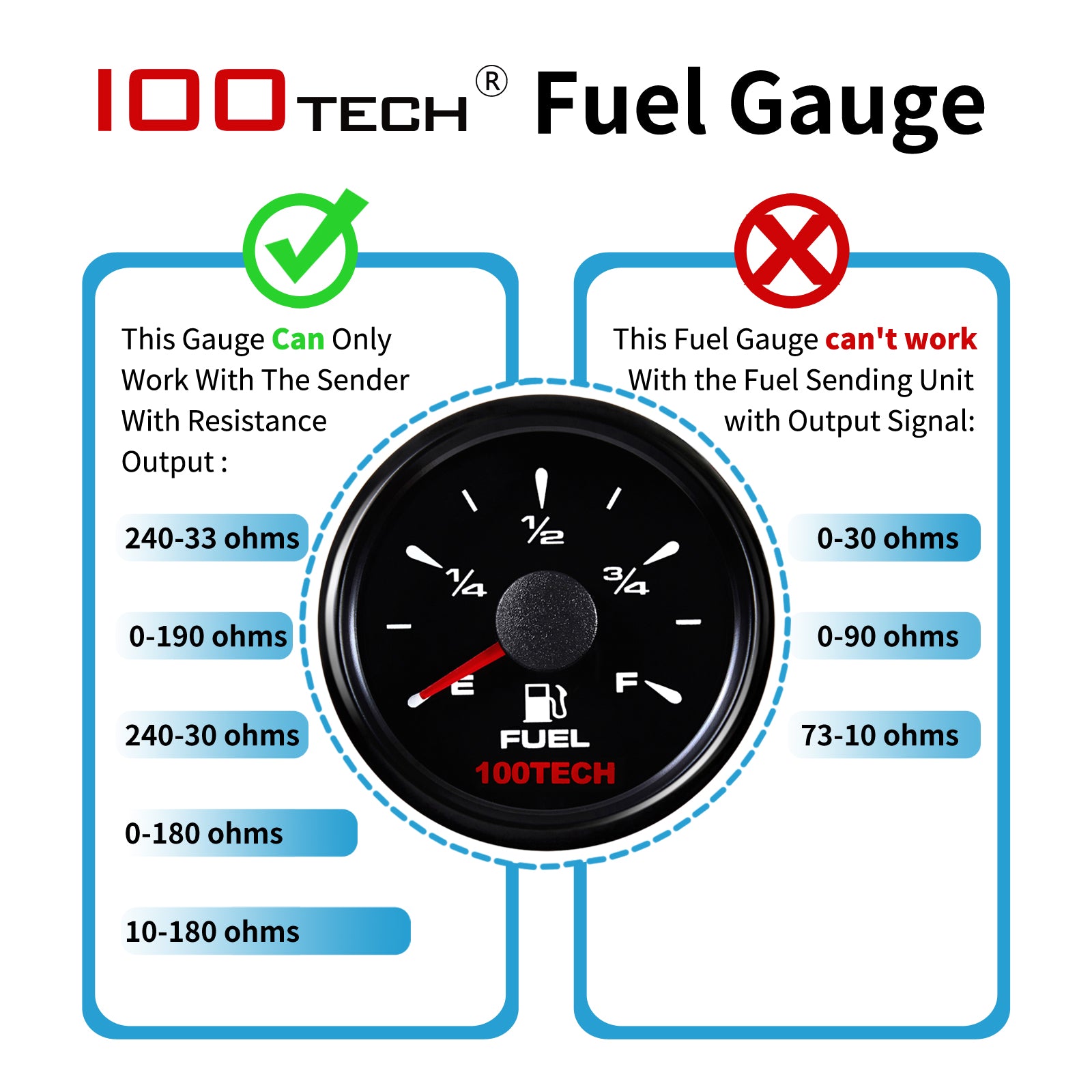 100TECH fuel tank level gauge for Boat Truck Vehicle Yacht RV Motorcycle with 7 Backlit Colors 5 Selectable Signals gas Gauge