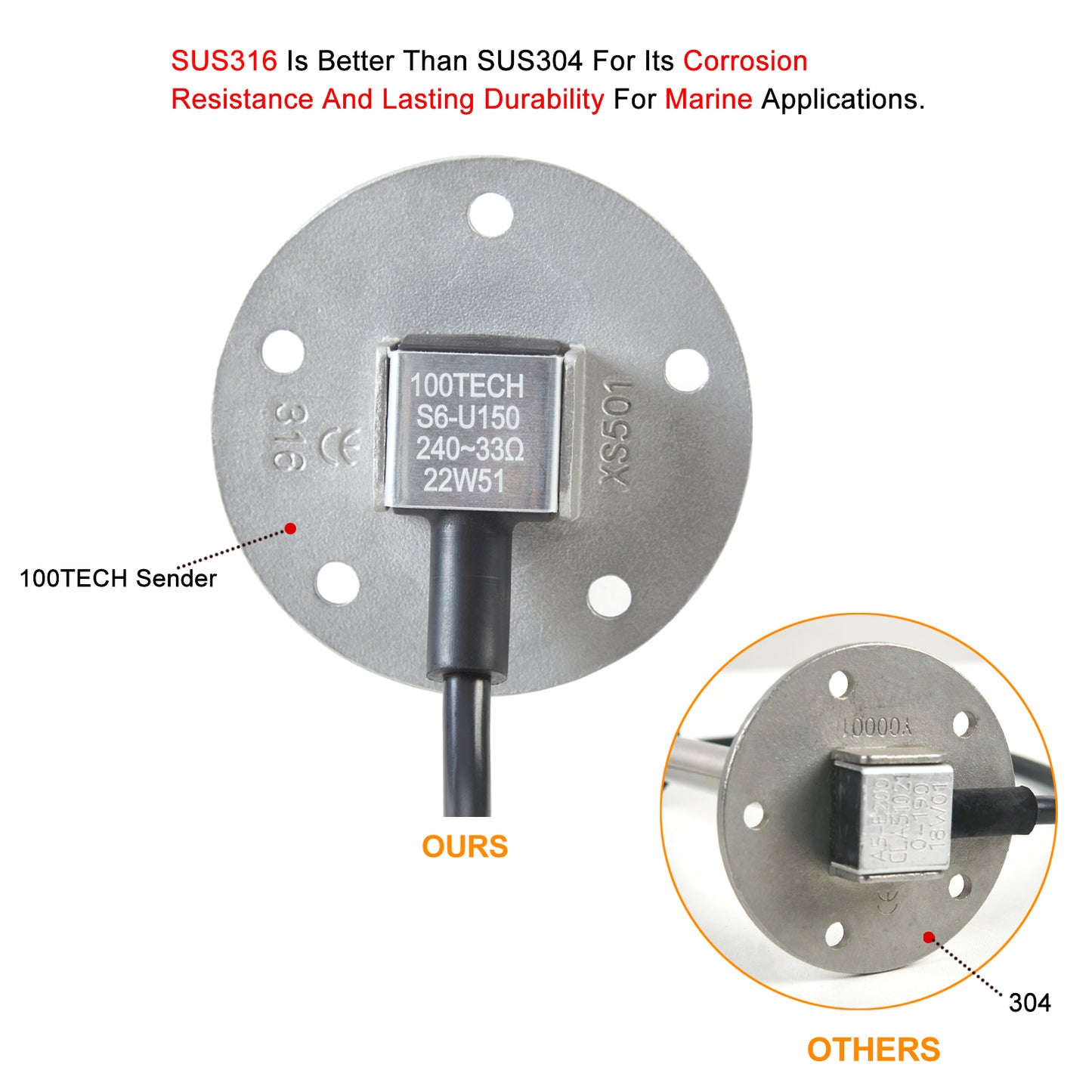 100TECH High Resolution Fuel Sending Unit and Gauge Kit 7"(180mm) SUS316 Stainless Steel Gas Sensor Sending Unit for Boat Tank Fuel Sender for Truck Camper RV Tank Fuel Water Level Sensor 240-33ohm