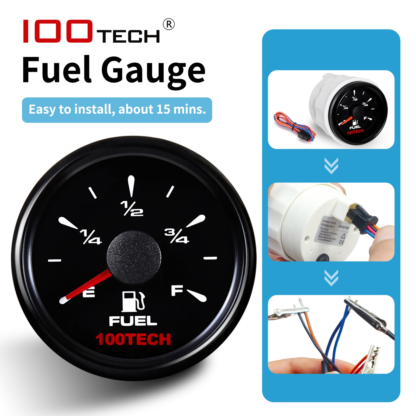 100TECH Plug and Play Gauge 5 Selectable Signals Fuel Gauge Boat Gas Tank with Fuel Gauge for Truck Vehicle Yacht Motorcycle