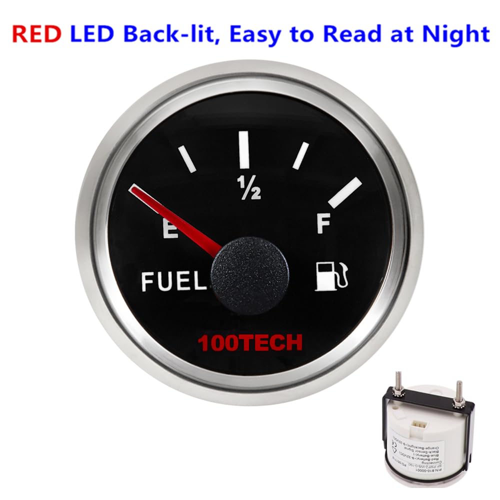 100TECH IP67 Rated Waterproof 2-1/16" 73-10 ohms Fuel Gauge with RED LED Backlight Fuel Level Gauge for Boat Truck Vehicle SUV