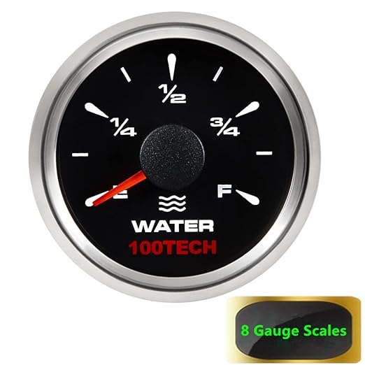 100TECH 5 Selectable Signals Water Tank Gauge with 7 Backlit Colors Water Gauge 2-1/16" (52mm) Universal Water Gauge for Boat RV