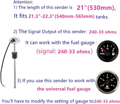 100TECH Marine Fuel Sending Unit Float Replacement 21"(530mm) for Boat Vehicle RV Fuel Sender Gas Tank Sending Unit Diesel Level Sending Unit Water Level Sensor Fuel Gauge Sending Unit 240-33 ohms