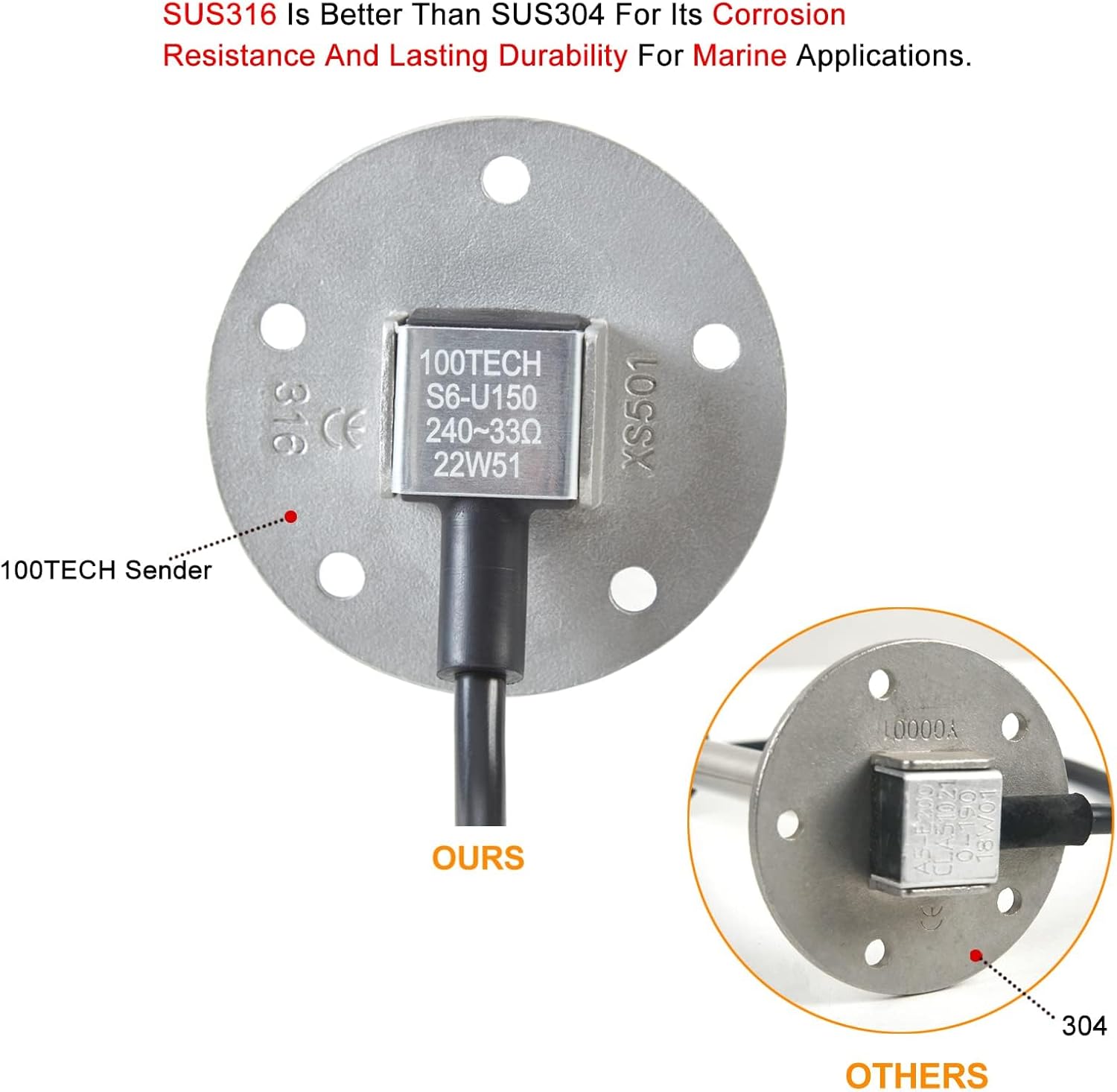 100TECH gas tank sending unit fuel sender 5"(130mm) to 16"(410mm) 0-90 ohms 316 stainless steel for Boat RV Truck Yacht Car