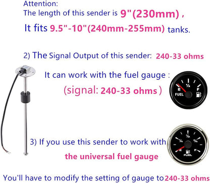 100TECH Fuel Sending Unit 240-33 ohms 9"(230mm) Marine for Boat Vehicle Truck RV Fuel Tank Sending Unit Fuel Water Level Sending Unit Fuel Gas Sender Fuel Water Level Sensor Fuel Gauge Sending Unit