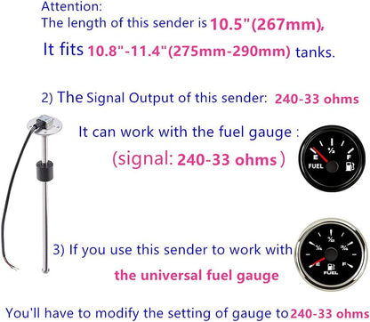 100TECH Fuel Tank Sending Unit Marine Fuel Sending Unit Boat Marine Fuel Sender 10.5"(267mm) Diesel RV Truck Vehicle Water Sensor Gas Tank Sending Unit Marine Fuel Gas Gauge Sending Unit 240-33ohms