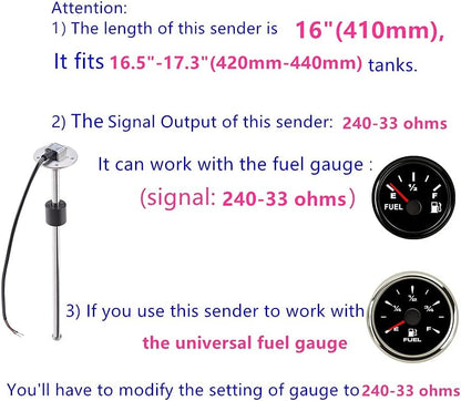 100TECH Marine Fuel Sending Unit Float Replacement 16"(410mm) for Boat Vehicle RV Fuel Sender Gas Tank Sending Unit Diesel Level Sending Unit Water Level Sensor Fuel Gauge Sending Unit 240-33 ohms