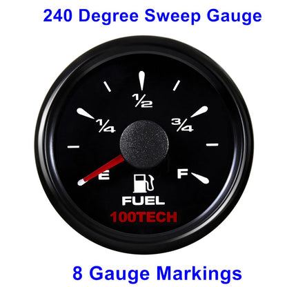 100TECH Fuel Gauge 0-90ohm Marine Fuel Level Gauge 52mm 2-1/16 Aftermarket Fuel Gauge Boat Automotive Replacement Gauge Motocycle Gas Car Truck Vehicle with 8 Color Selectable Backlit All Black