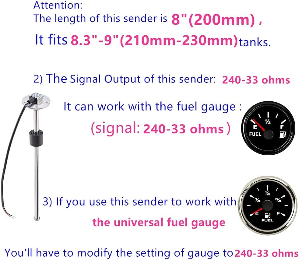 100TECH Fuel Sending Unit 240-33 ohms 8"(200mm) Marine for Boat Vehicle Truck RV Fuel Tank Sending Unit Fuel Water Level Sending Unit Fuel Gas Sender Fuel Water Level Sensor Fuel Gauge Sending Unit