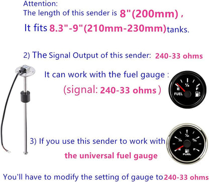 100TECH Fuel Sending Unit 240-33 ohms 8"(200mm) Marine for Boat Vehicle Truck RV Fuel Tank Sending Unit Fuel Water Level Sending Unit Fuel Gas Sender Fuel Water Level Sensor Fuel Gauge Sending Unit