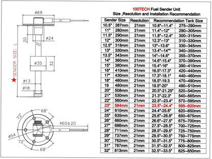 100TECH 23"(585mm) Fuel Gauge Sending Unit Boat Fuel Sender Unit Marine Fuel Level Sending Unit Fuel Water Gas Tank Level Sensor RV Gas Tank Sender Fuel Level Sensor Fuel Tank Level Sensor 240-33 ohm