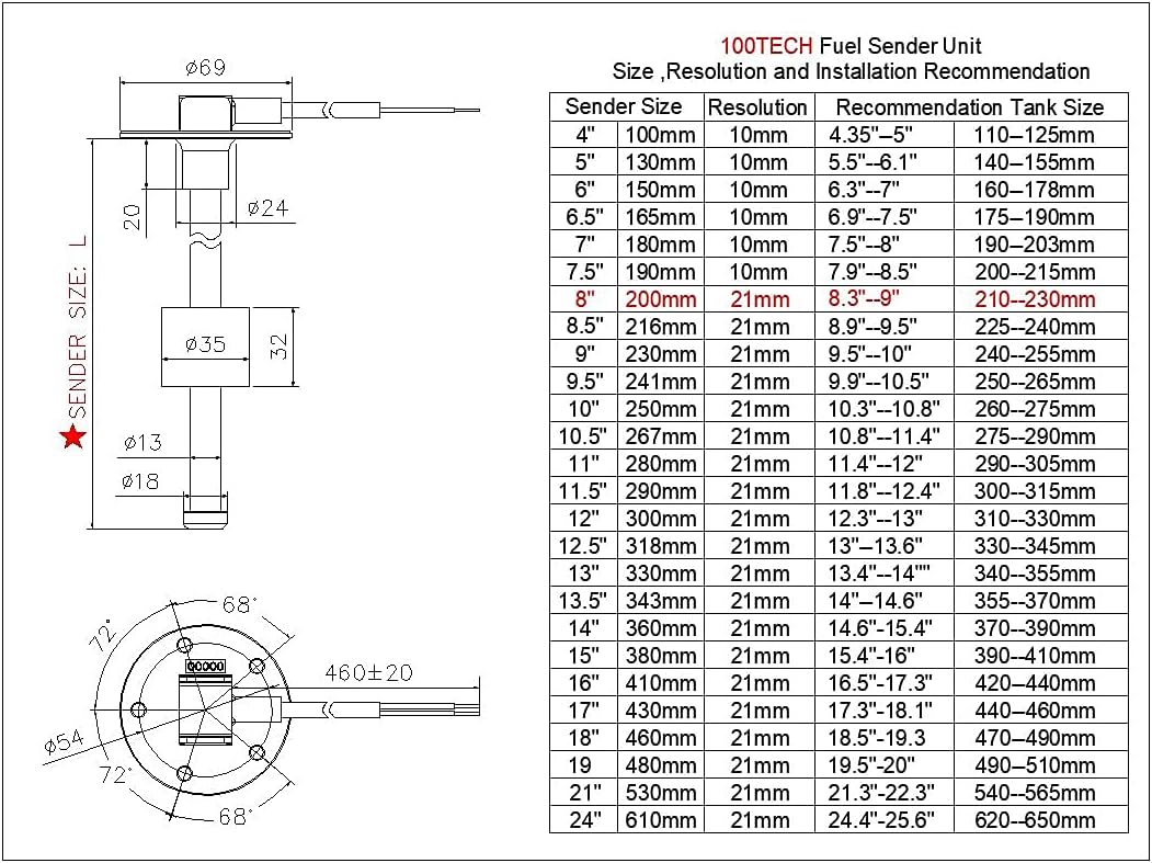 100TECH Fuel Sending Unit 240-33 ohms 8"(200mm) Marine for Boat Vehicle Truck RV Fuel Tank Sending Unit Fuel Water Level Sending Unit Fuel Gas Sender Fuel Water Level Sensor Fuel Gauge Sending Unit