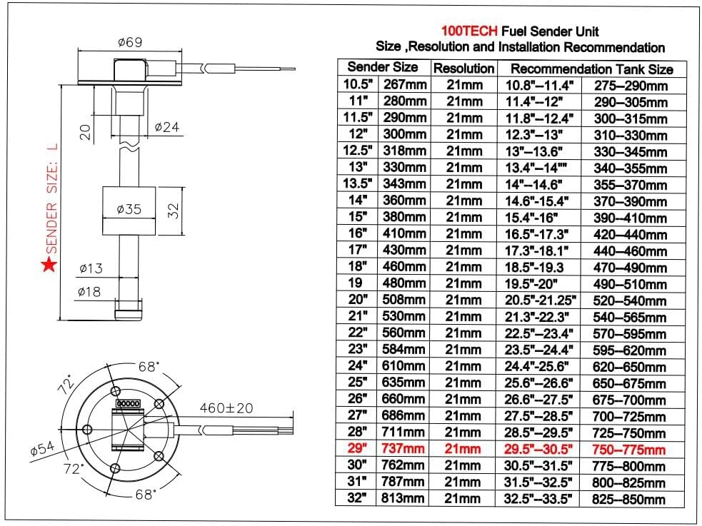 100TECH Fuel Gauge Sending Unit 29"(737mm）Marine Fuel Level Sending Unit Fuel Sender Water Tank Sender Unit for Vehicle RV Fuel Gas Tank Sender Fuel Level Sensor Fuel Gauge Sending Unit 240-33 ohm