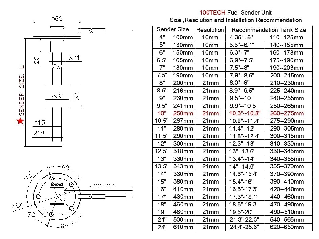 100TECH Fuel Sending Unit 240-33 ohms 10"(250mm) Marine for Boat Vehicle Truck RV Fuel Tank Sending Unit Fuel Water Level Sending Unit Fuel Gas Sender Fuel Water Level Sensor Fuel Gauge Sending Unit