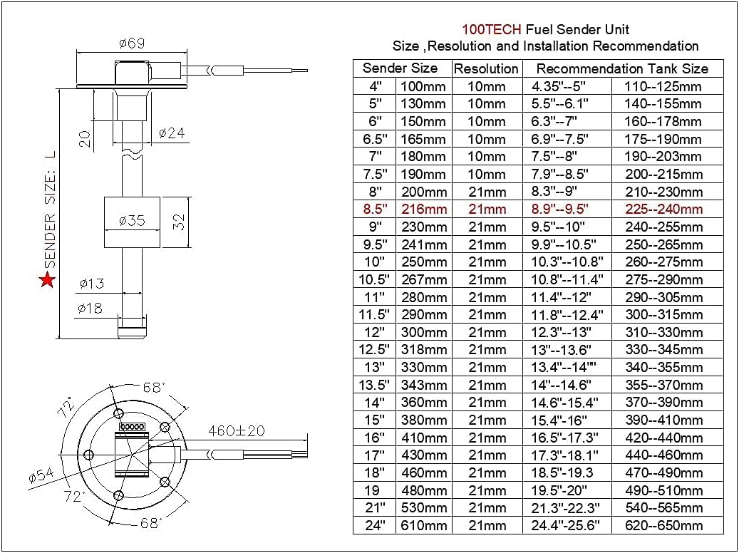 100TECH Marine Fuel Sending Unit Boat Fuel Sending Unit Fuel Gas Sender Fuel Level Sending Unit 8.5"(216mm) Marine Fuel Sender Fuel Tank Sender Marine Fuel Gas Gauge Sending Unit 240-33ohms