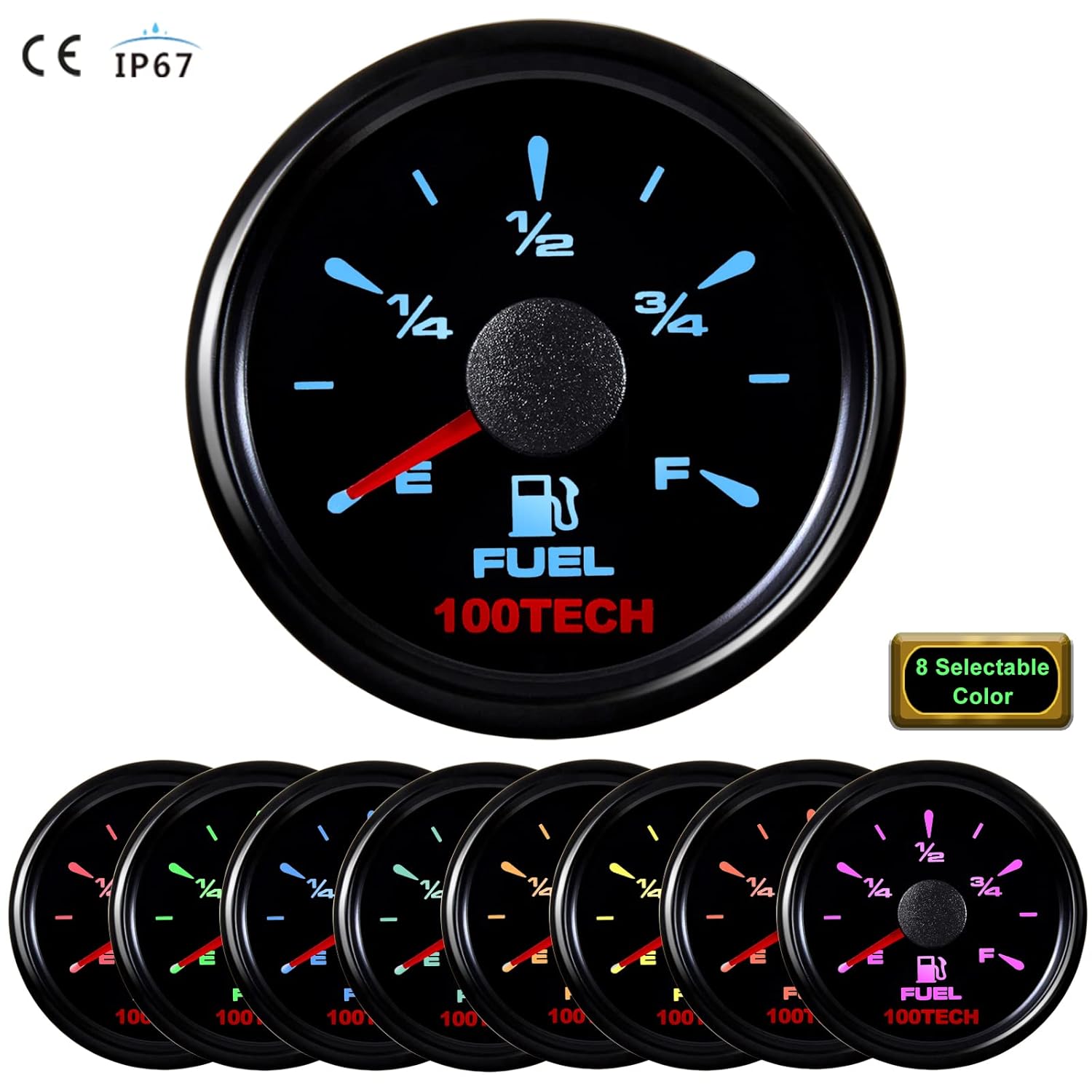 100TECH 0-90 ohms Fuel Tank Gauge with 7 Backlit Colors Fuel Gauge 2-1/16" (52mm) Universal Fuel Gauge for Boat RV Yacht Car