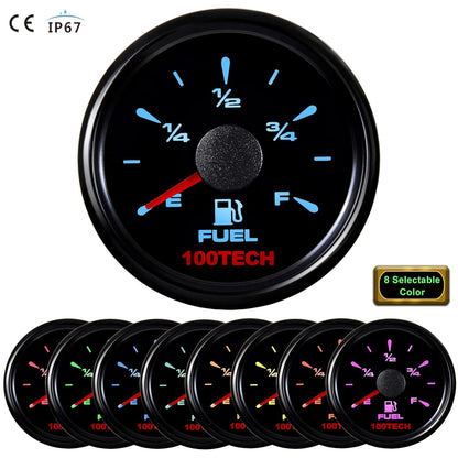 100TECH Fuel Gauge 0-90ohm Marine Fuel Level Gauge 52mm 2-1/16 Aftermarket Fuel Gauge Boat Automotive Replacement Gauge Motocycle Gas Car Truck Vehicle with 8 Color Selectable Backlit All Black