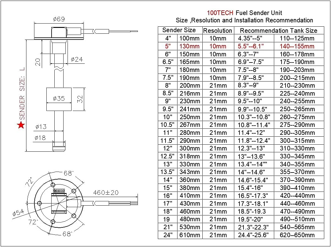 100TECH Fuel Sending Unit 240-33 ohms 5"(130mm) Marine for Boat RV Truck Vehicle Fuel Gas Sender Fuel Tank Sending Unit Fuel Water Level Sensor Fuel Level Sending Unit Boat Fuel Gauge Sending Unit